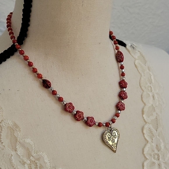 HANDMADE Red Floral Ladybug Czech Glass Jade Beaded Fairycore Necklace - Picture 2 of 6